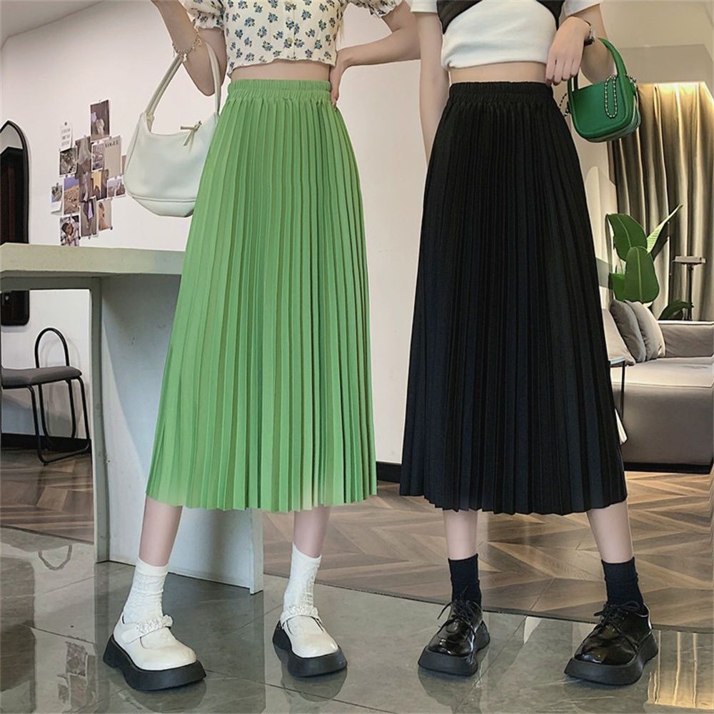Luxury Long Pleated Skirts for Women Spring New Elegant Office Ladies Chic Elastic Band Fashion A Line Midi Skirt