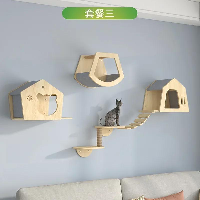 Wooden Cat House Elevated Bed for Cats Wall Mounted Kitten Villa Climbing Shelf for Pets Floating Shelves for Sleeping