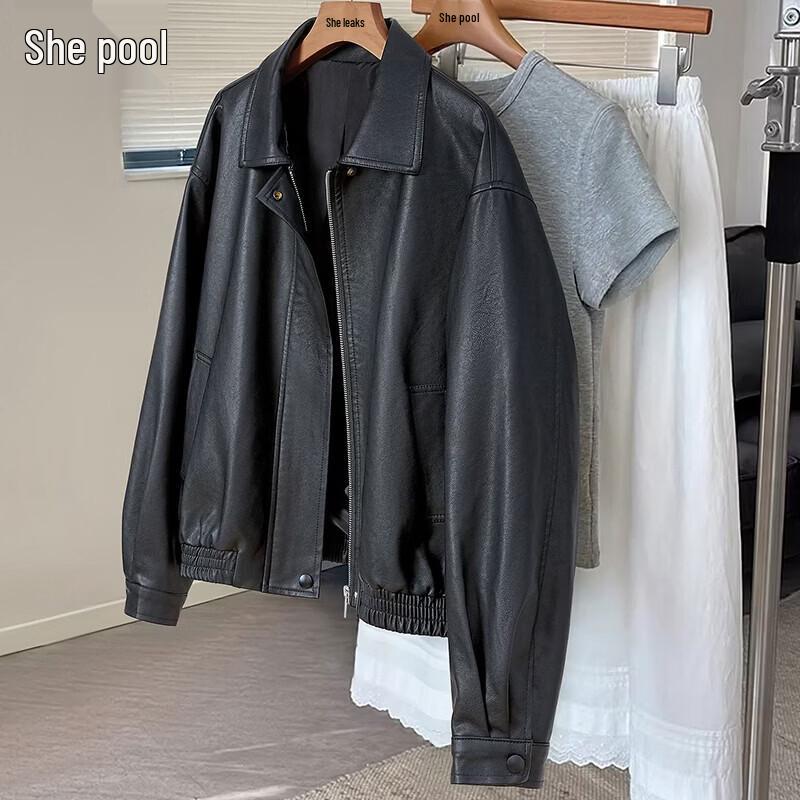 Women s Lapel PU Leather Biker Jacket S
