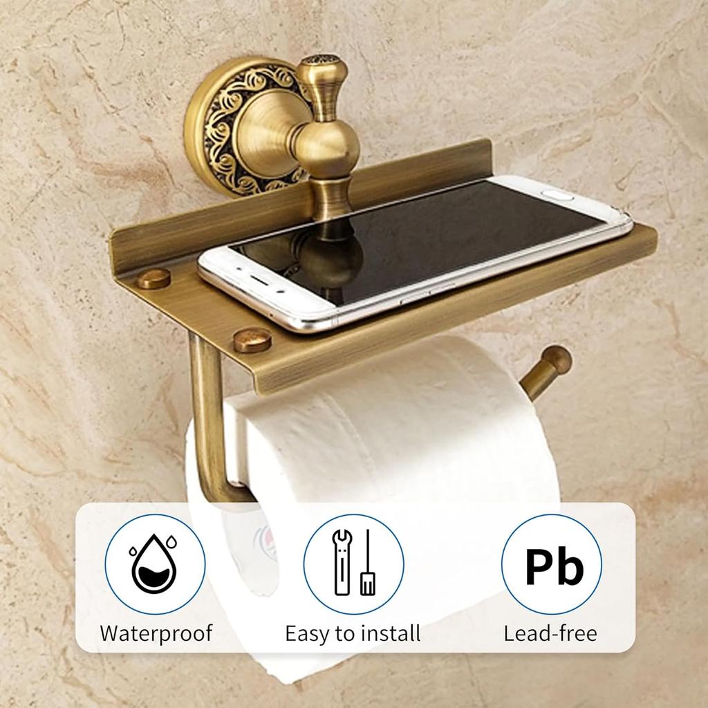 Toilet Paper Holder with Phone Shelf, Bathroom Toilet Paper Roll Holder Antique Bronze Brass Wall Mounted Bathroom Hardware Accessories,Pattern