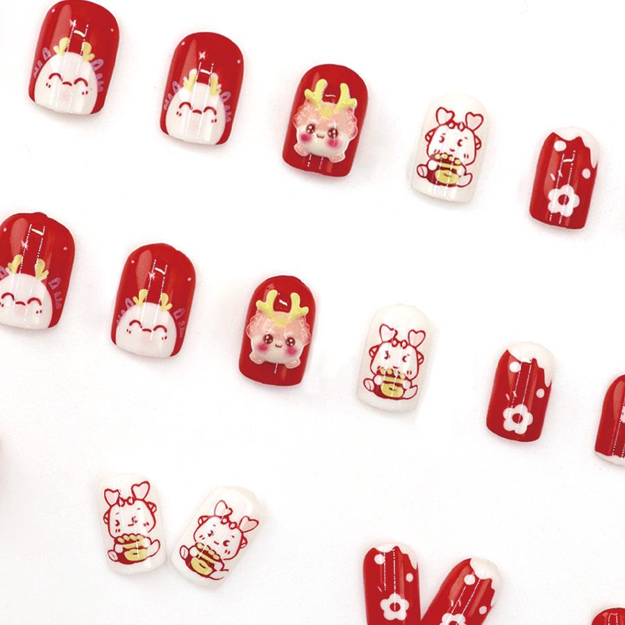 Festive Red Cartoon Dragon Nail Tips - Short Style Floral Design for Students