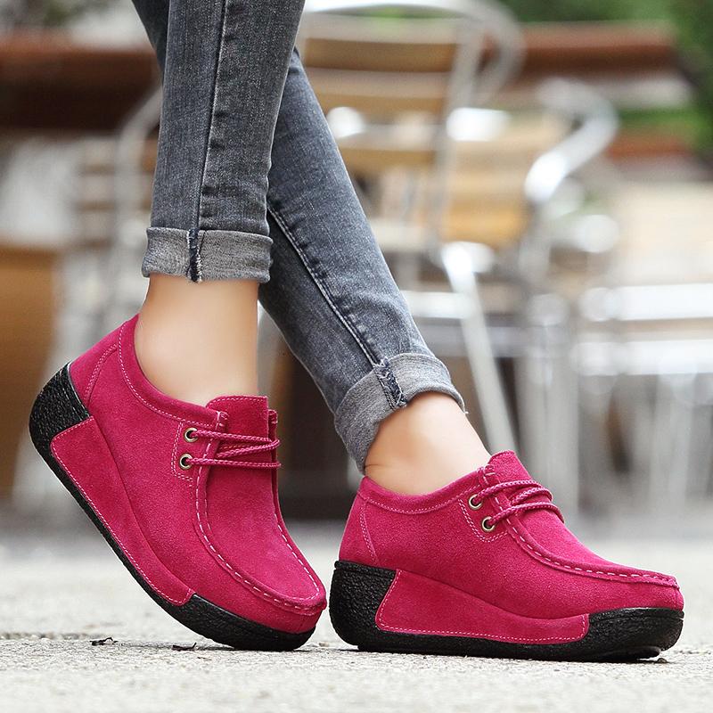 Genuine Leather Platform Flat Shoes Women Lace Up Plush Nubuck Cow Suede Sneakers Ladies Swing Shoes Wedge Shallow Espadrilles