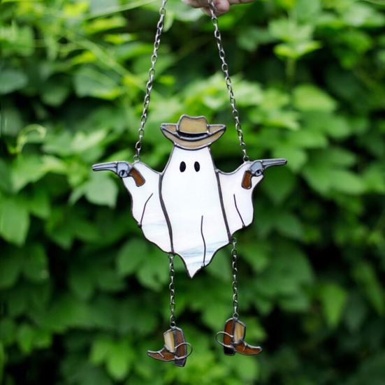 Halloween Ghost Suncatcher Stained Glass Acrylic Window Hanging Light Catcher Cute Cowboy Ghost Decoration for Home Office Kitchen Living Room Wall
