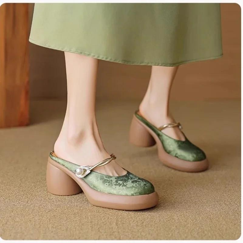 Fashion Mid Heel Square Heel Modern Slippers Summer Outside Women's Shoes on Sale 2024 Fashion Shallow Solid Ethnic Women's Slippers