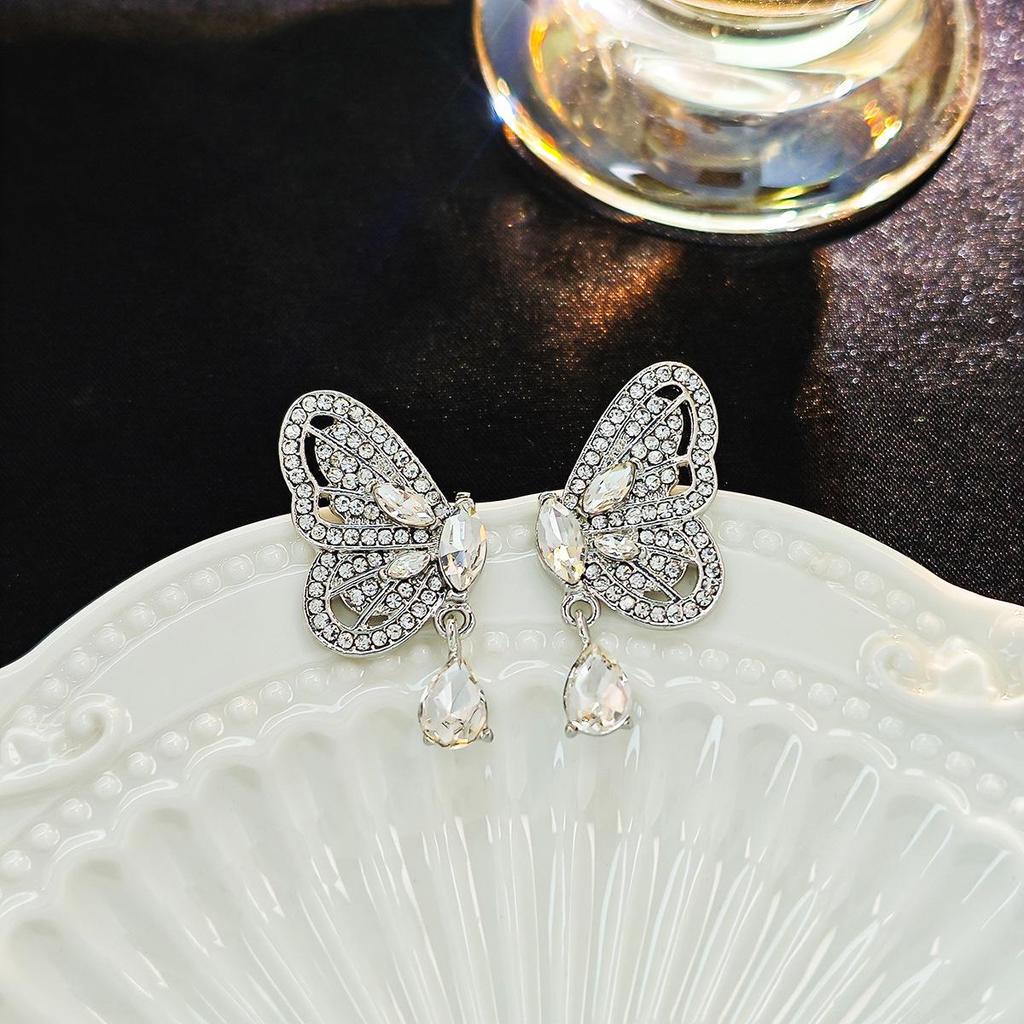 Elegant Butterfly Earrings: Silver Needle Korean Style with Crystal Water Drop Inlay