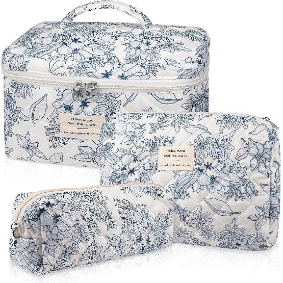 Gosect Makeup Bag, Large Quilted Cosmetic Bag, Big Floral Make Up Bag for Women Girls, Cute Cotton Makeup Bag Set, Flower Travel Toiletry Organizer