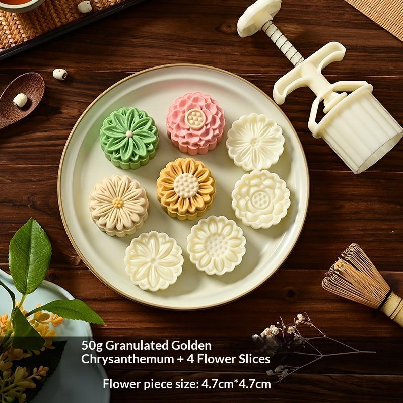 Plastic Hand Press Mooncake Mold No Oil Demold Needed with Multiple Pattern Stamps for Home Beginner Baking