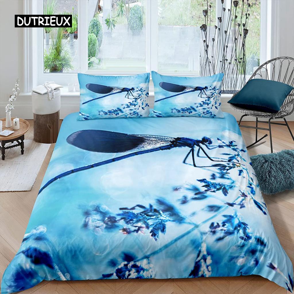 Dragonfly Duvet Cover Set King Size Colorful Wing Bedding Set for Kids Teens Adult Forset Wild Animal Theme 2/3pcs Quilt Cover
