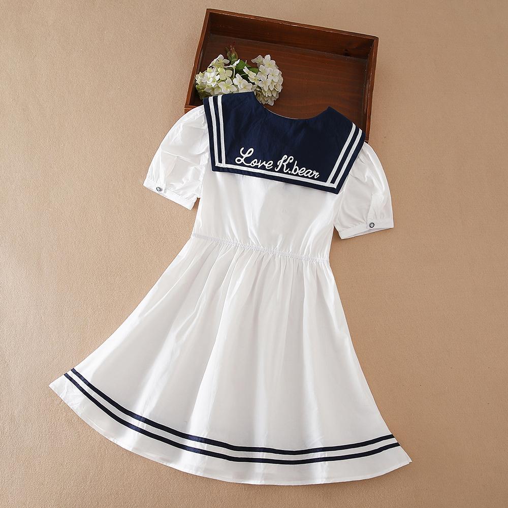 Girls Dress 100% Cotton White Sailor Back To School Dress Suitable for 5-12 Years Old Girls Short Sleeved Summer Dresses