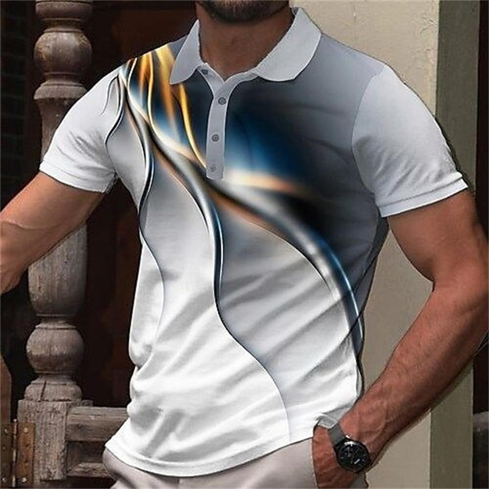 Men s Polo Shirt Fashion Gradient Line Summer Short Sleeve TShirts Casual Daily Lapel Tops Striped S