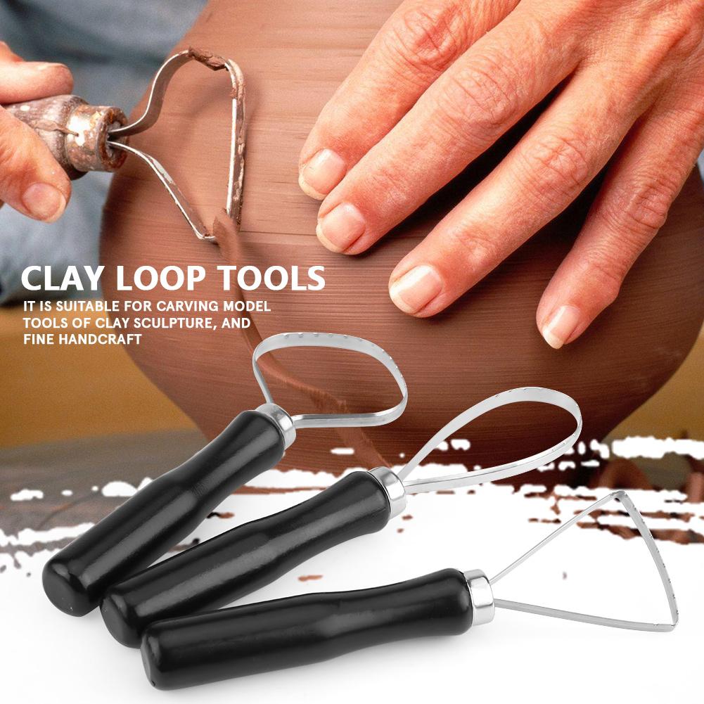 3 Pcs Set Wood Pottery Clay Sculpture Big Loop Tool with Steel Flat Wire