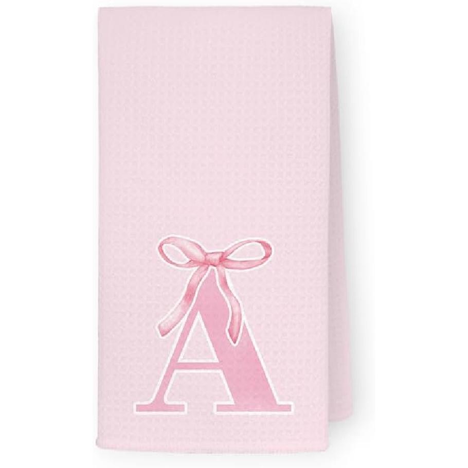 Coquette Pink Bows Personalized Kitchen Towels, Initial K Letter Decor, Pink Monogrammed Hand Towels for Bathroom, Sweet Dish Towels for Kitchen