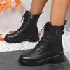 fashion Women's Black Platform Ankle Boots Fashion Buckle Decor Lace Up Motorcycle Boots Woman Thick Sole PU Leather Combat Booties 2024