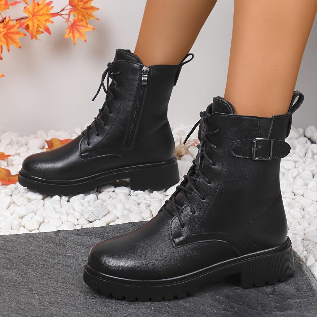 fashion Women's Black Platform Ankle Boots Fashion Buckle Decor Lace Up Motorcycle Boots Woman Thick Sole PU Leather Combat Booties 2024