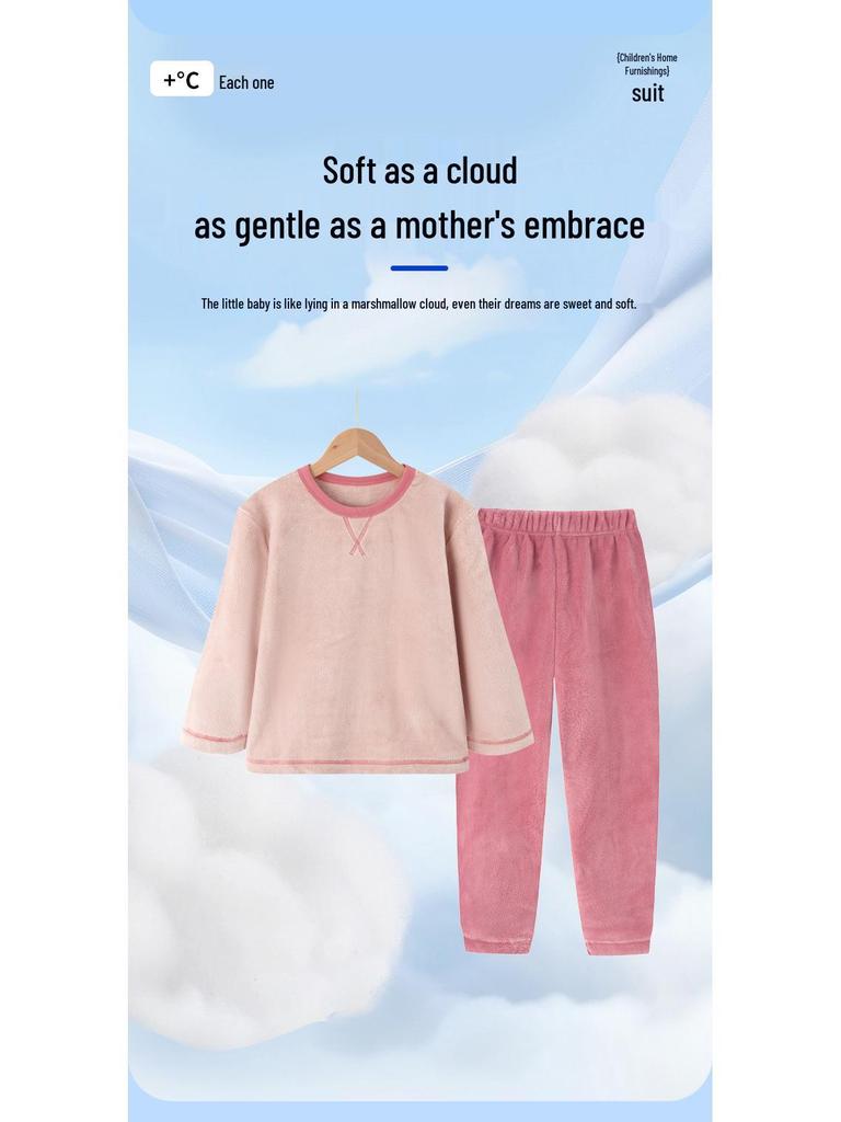 Unisex Fleece-Lined Children's Flannel Pajama Set for Autumn and Winter