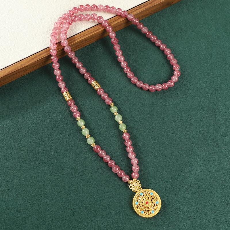 Green glazed agate beaded retro sand gold necklace long sweater chain antique cheongsam accessories women