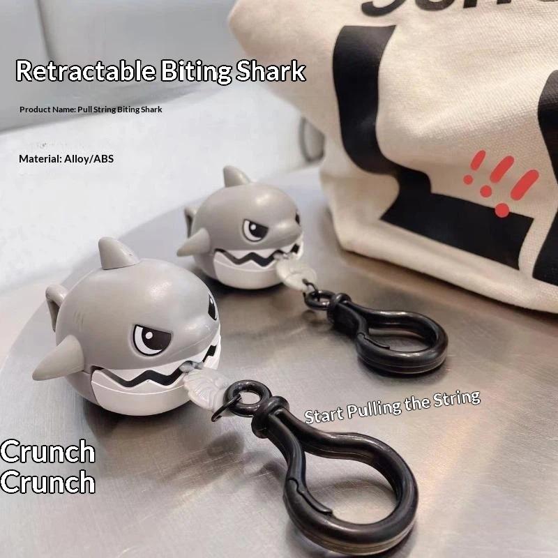 Pull String Biting Shark Keychain Funny Stress Relief Fidget Toy Cute Shark Pendant For Backpack Bag Decor Car Key Accessories