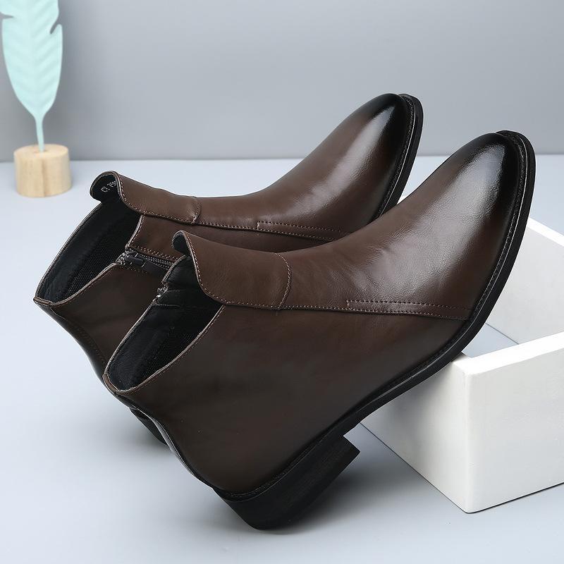 Fashion 2025 New Designer British-style Chelsea Boots for Men Solid Color Side Zipper Pointed Toe High-top Cow Leather Shoes Boots Man