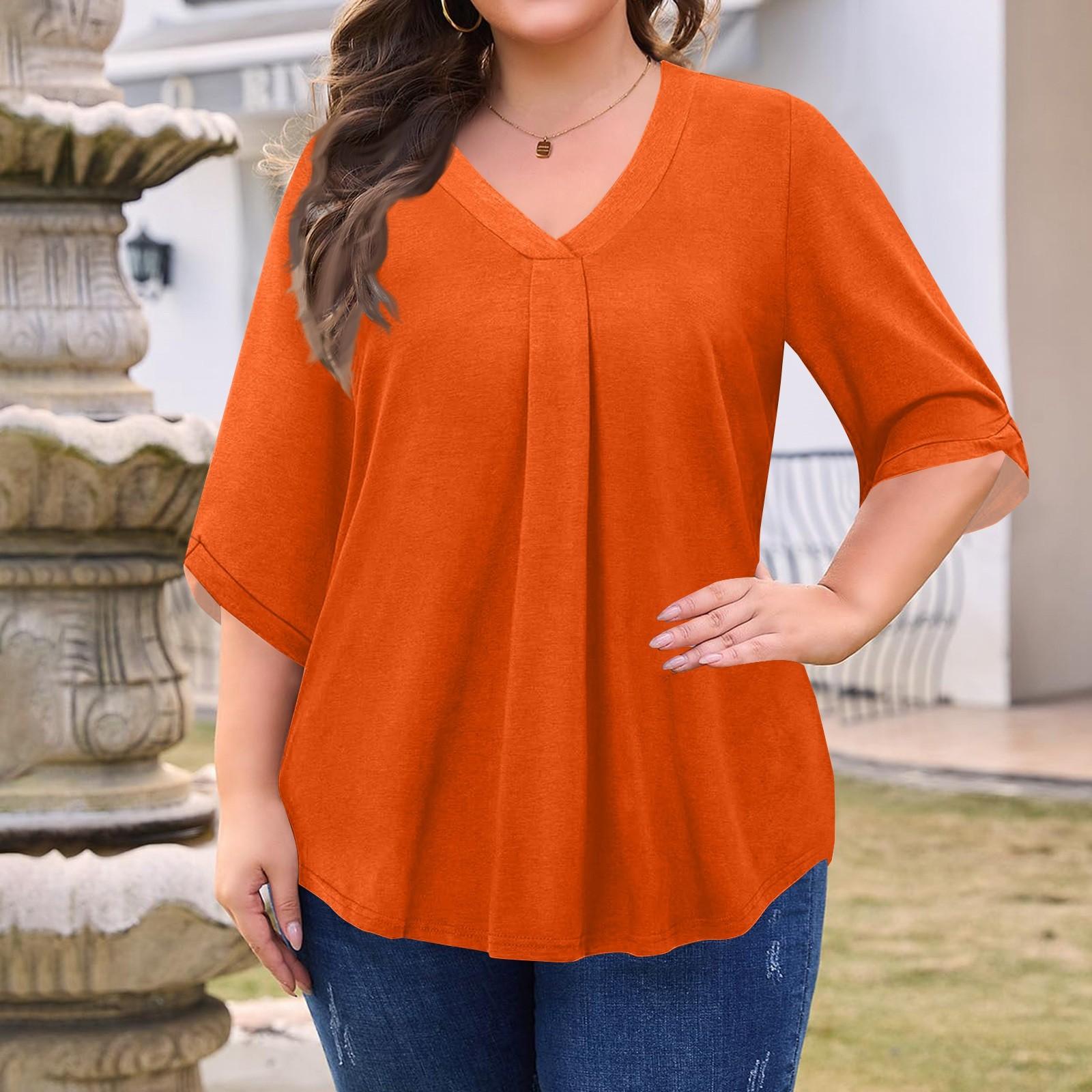 

Женская мода Большой размер Однотонный топ с V-образным вырезом и рукавом три четверти XL шафрановый