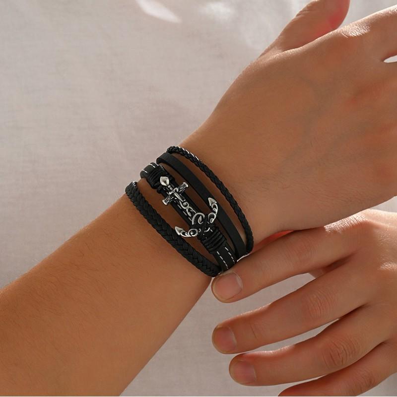 Personalized Fashion Retro Leather Stainless Steel Bracelet Multi Layer Braided Rope Black Series Men's
