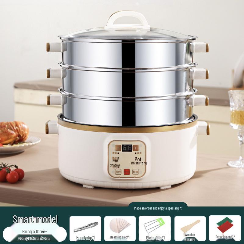 Vaporiera Elettrica a Tre Piani: Multifunzionale, Spegnimento Automatico, Grande Capacità, Timer, Pentola Elettrica Multi-livello, Cestello per Cottura a Vapore