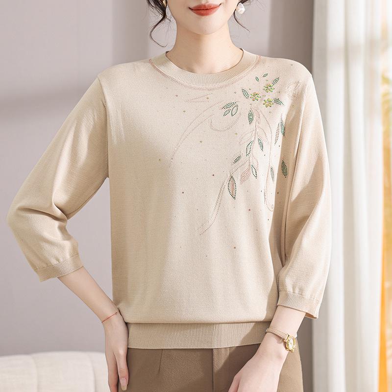 Chic Spring Gauze Sleeve Top for Middle-Aged Women - Stylish 7-Sleeve T-Shirt