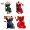 Nightwear with Adjustable Straps Women's Sexy Lace Sheer Bodycon Mini Dress See Through Nightdress Chemise Bobydoll Ruched Nightgown Set Thong