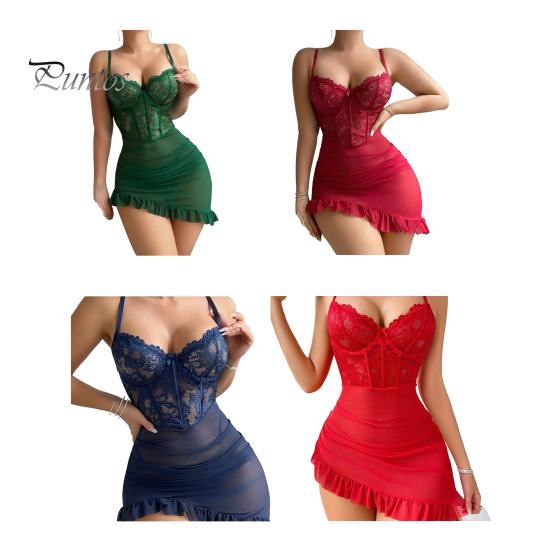 Nightwear with Adjustable Straps Women's Sexy Lace Sheer Bodycon Mini Dress See Through Nightdress Chemise Bobydoll Ruched Nightgown Set Thong