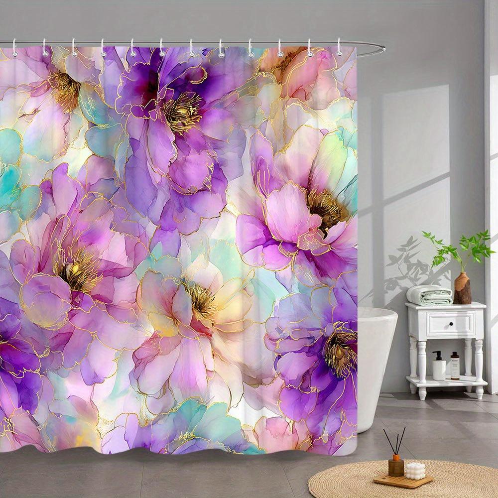 

1pc Watercolor Peony Shower Curtain - Romantic Purple Pink Lavender Floral Design with Golden Accents - Dreamy Springtime Bathro 90x180cm