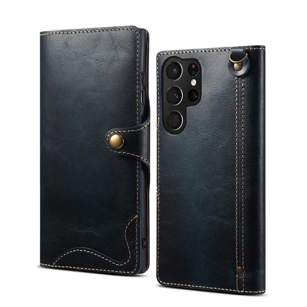 Samsung S26 Retro Genuine Leather Phone Case with Card Slot & Lanyard for S25 Ultra/S24+ Flip Cover