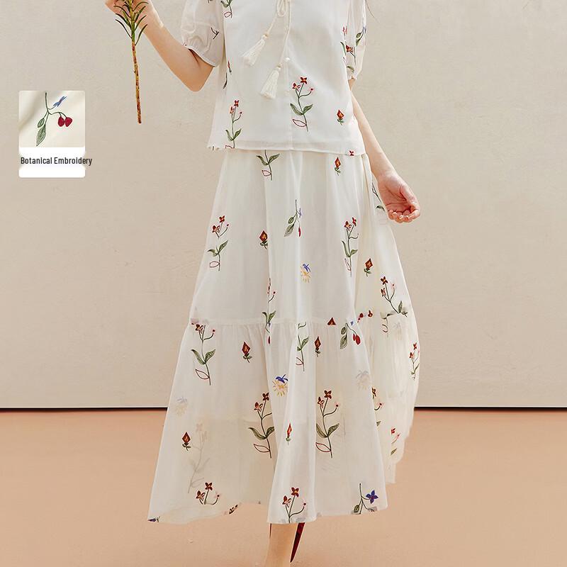 INMAN Embroidered Plant A-Line Skirt M