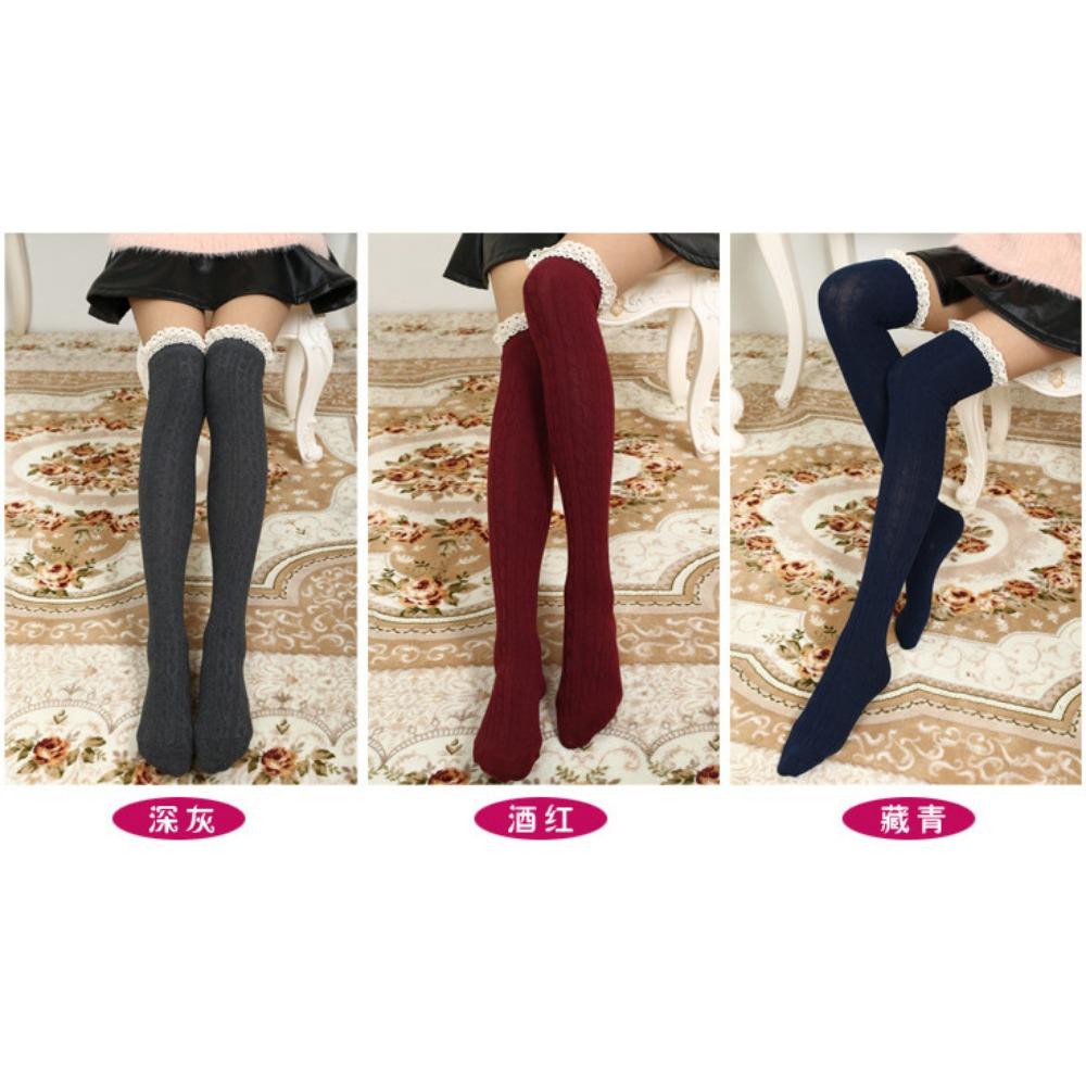W156 Japanese Lace Knee Socks Thigh Socks Women's College Wind Twist Vertical Strip Cotton Stockings High Stockings