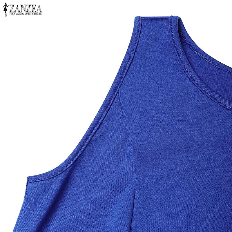 ZANZEA Women Elegant Casual Round Neck Summer Sleeveless Ruffles Dress