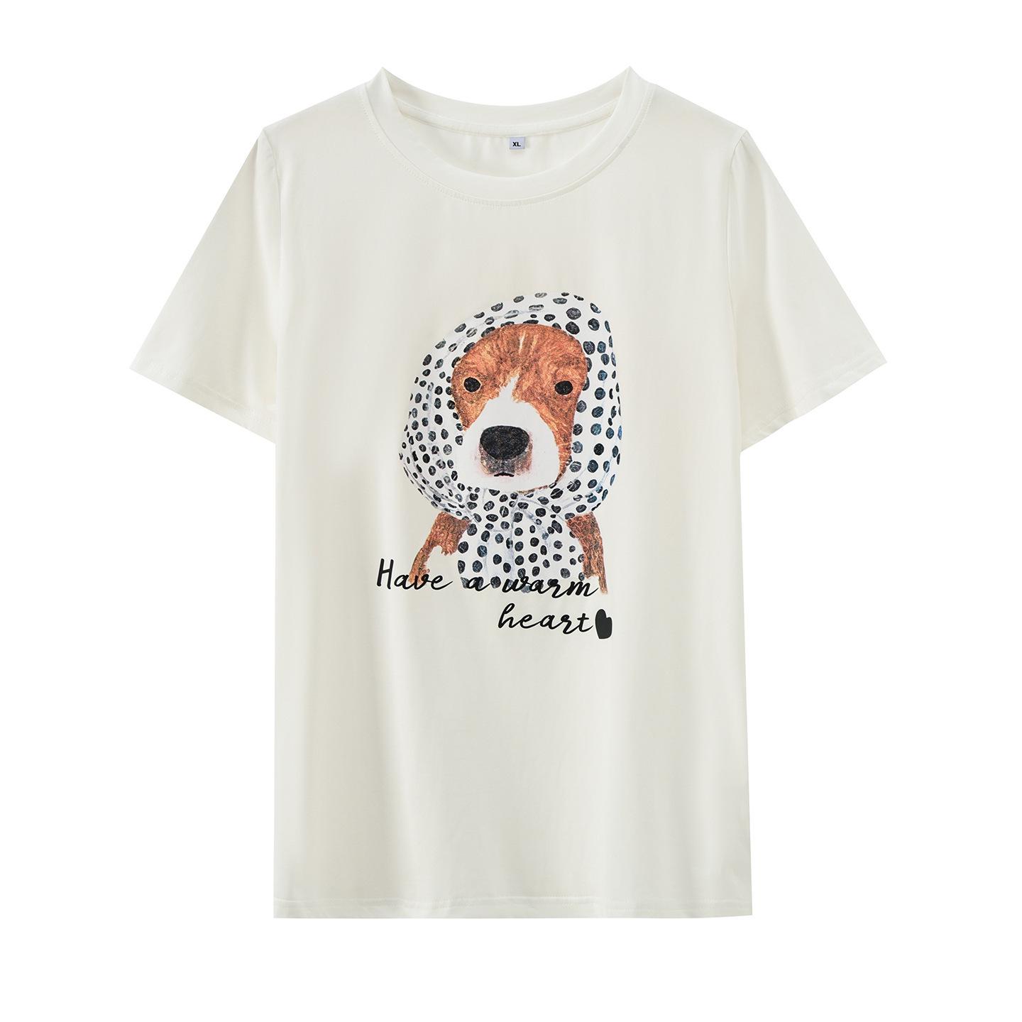 

American Retro Polka Dot Puppy Print Loose T-shirt, Summer 2026 Collection XL (130-150 lbs) грязно-белый