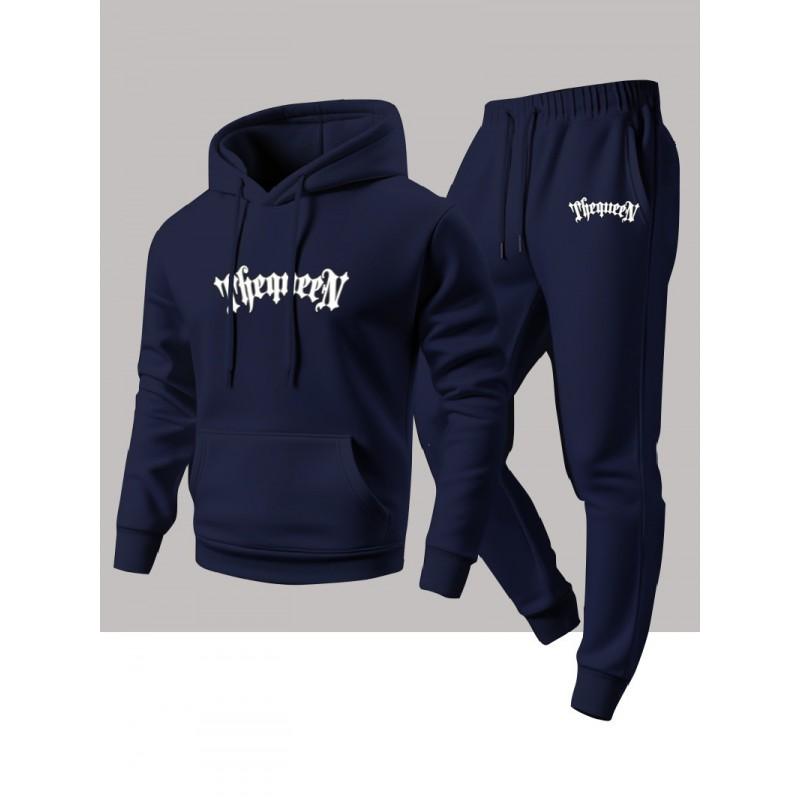 Mens Fashion Casual 2-Piece Set Fleece Graphic Print Hoodie Sweatshirt Pants