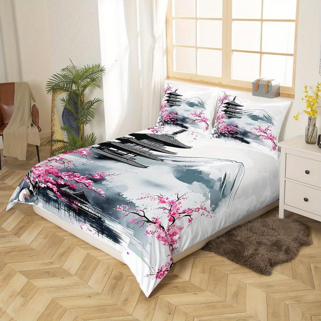2/3pcs Japanese Fuji Mountain Bedding Set Pink Cherry Blossom Chureito Pagoda Bedding Duvet Cover Set Exotic Sakura Flower
