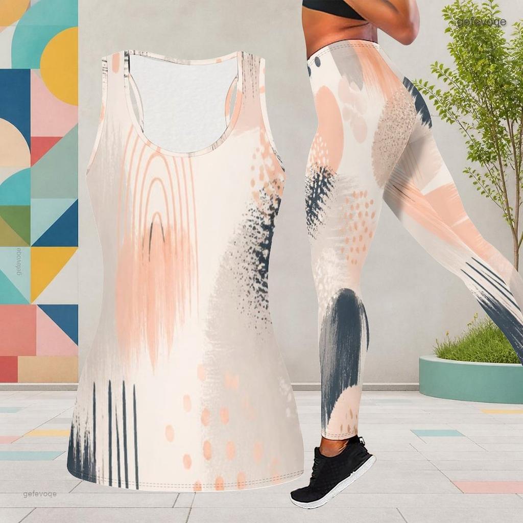 Women Plus Size Two Piece Set Scoop Neck Sleeveless Tank Top White Blue Green Printed Fitted Pants