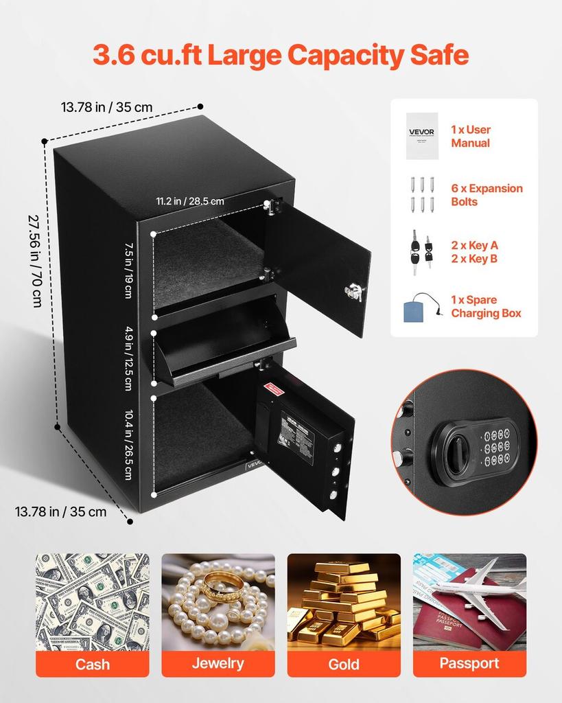 3.6 Cubic Feet Drop Safe, Large Capacity Front Drop Slot Safe Box with Digital Keypad, Heavy Duty 3 Tiers Cash Depository Box with Spare Keys for