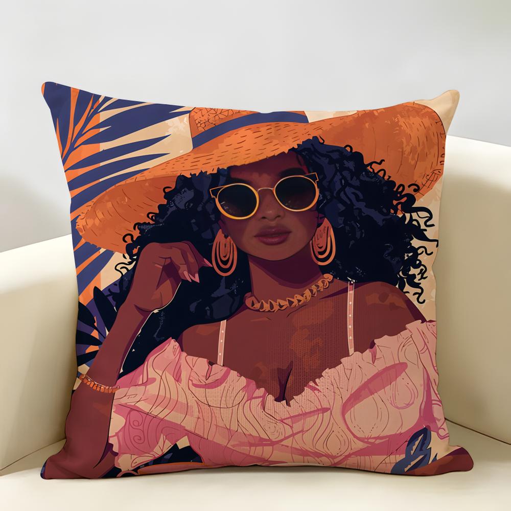 African Black Girls Fashion Cushion Cover Natural Linen Organic Fabric DoubleSided Printing Room Sofa Decor Pillow Case