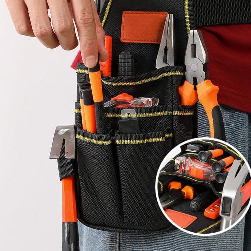 Compact design tool bag with multi-functional pockets and a detachable belt. Black.
