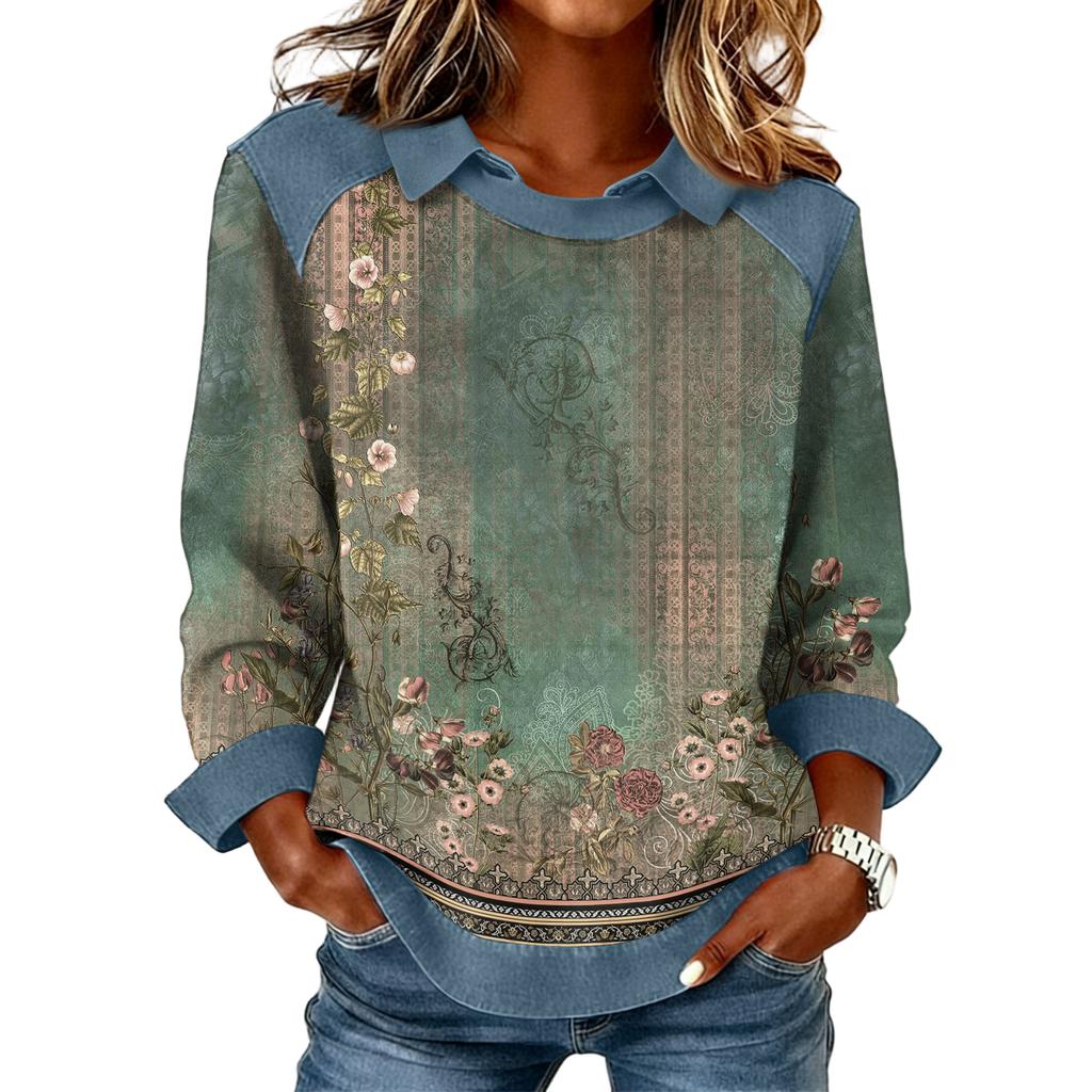 Dammode Utsvängd Långärmad Denim Patchwork Sweatshirt Tryckt Avslappnad Pullovertopp