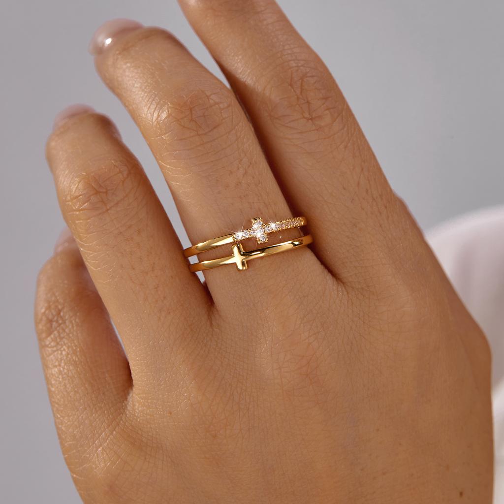 Delicate Double Band Cross Ring for Women Brass Zircon Asymmetrical Two Row Paved Minimalist Everyday Chic Jewelry