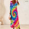Women Plus Size V Neck Three Quarter Sleeve Rainbow Tie Dye Printed Long Dress