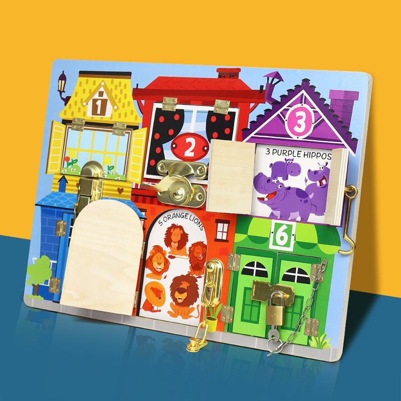 Wooden Learning Early Busy Board With Unlocking Activities For Preschool Kids