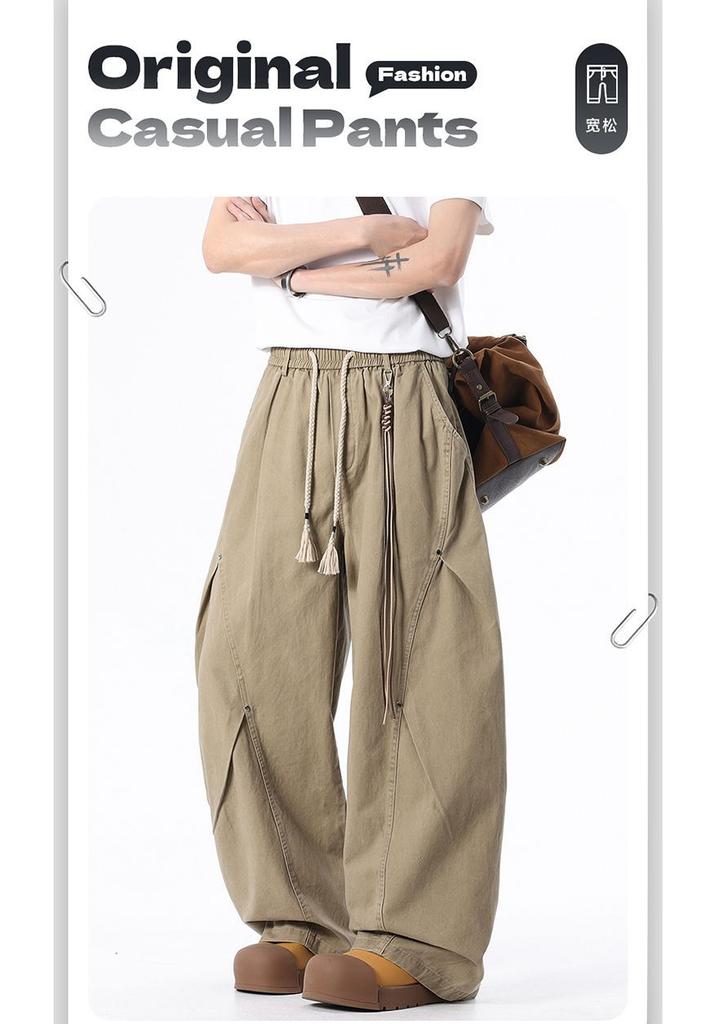 Spring and summer new European, American and Japanese khaki scimitar pleated tooling loose straight casual pants men's pants