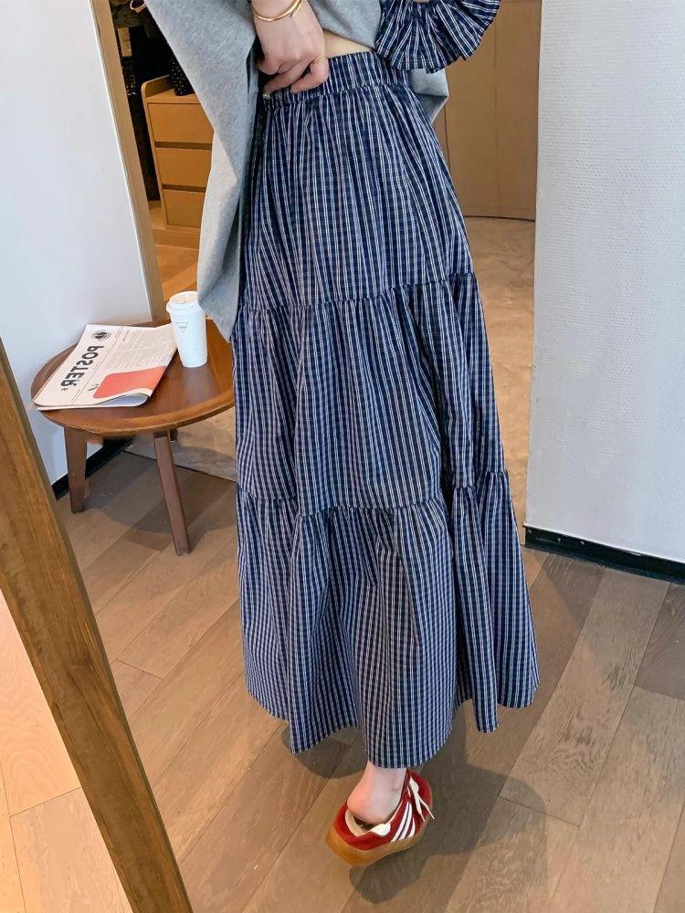 American Retro Style Women's Summer Casual Plaid Skirt & Loose Cotton T-Shirt Set