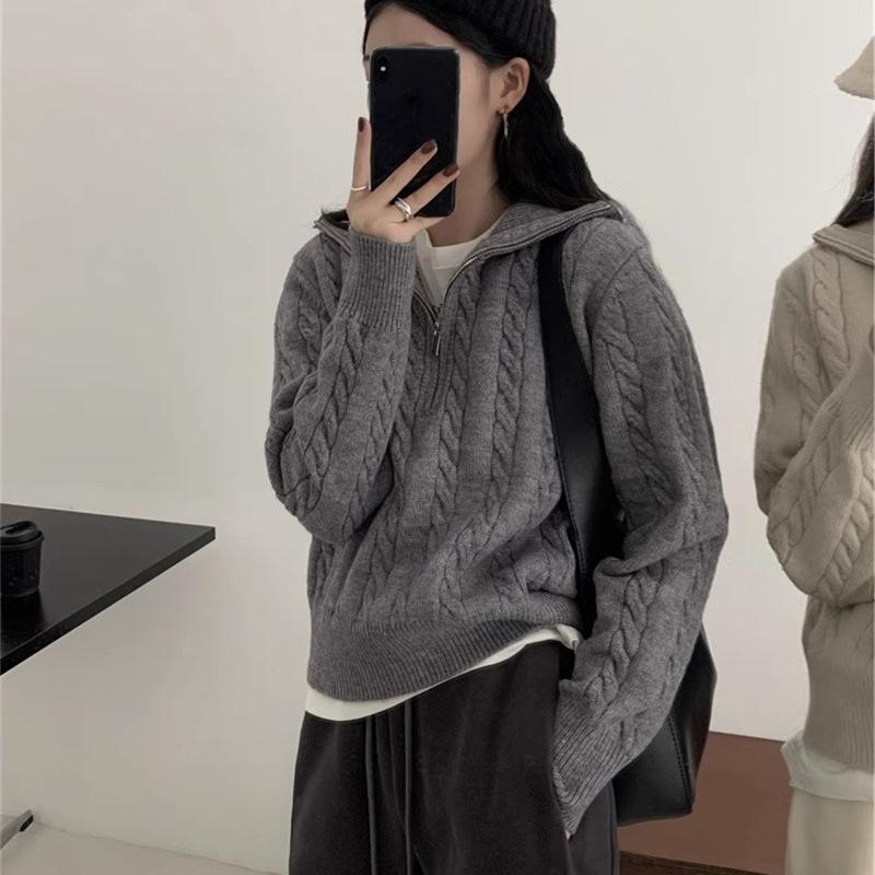 Korean version of chic autumn and winter soft waxy knitted top women's retro twist half zipper lazy versatile short sweater jacket