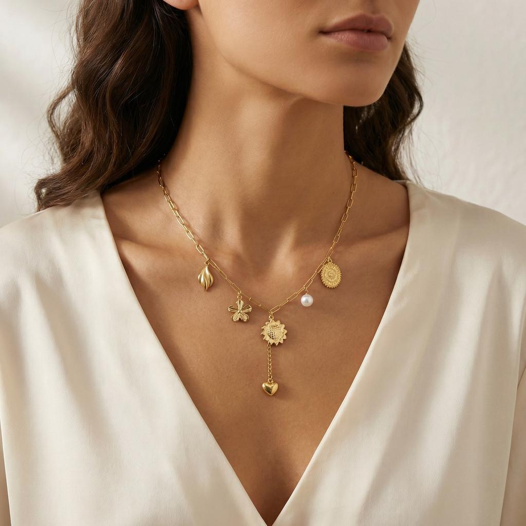 Personalized Women'S Imitation Pearl Heart Y-Shaped Necklace, Vintage Bohemian Stainless Steel Clavicle Chain 2720
