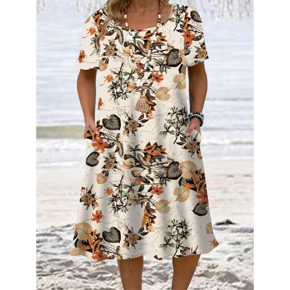 Women's Fashion Graceful Beautiful Simple Pattern Print Summer Spring Short Sleeve O-Neck Casual Dresses