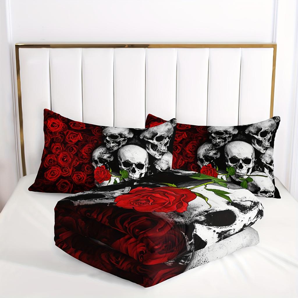 3Pcs Skull Bedding Set Goth Bedding Sets Comforter Skull Comforter Set Rose Comforter Halloween Skull Bed Comforter Cover